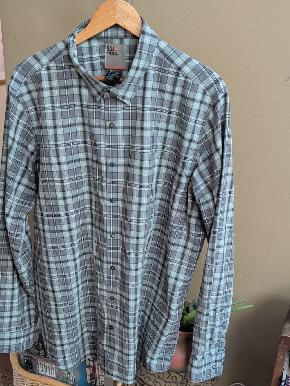 5.11 Tactical Plaid Button-Down Shirt in Gray and Light Blue